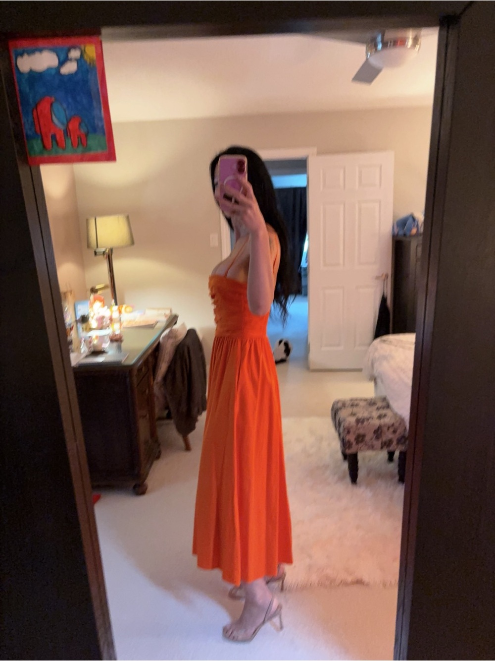 Reformation Strapless Orange Midi Dress